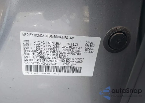 2020 Acura Mdx Technology A-Spec Packages z USA, uszkodzony, nr VIN 5J8YD4H09LL019735